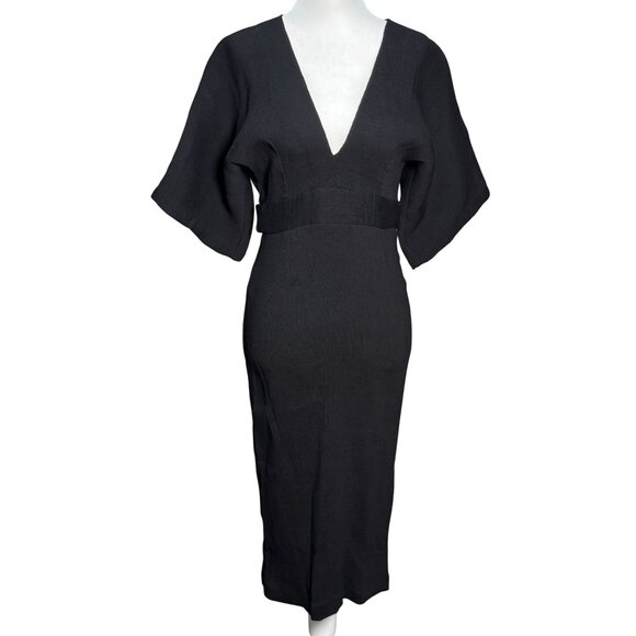 NEW Black Ribbed Midi Elegant 2 Cut out Open Back V-Neck Party Style Dress - Picture 9 of 15